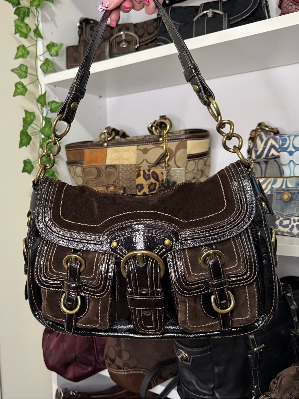 Coach Legacy Garcia Dark Brown Patent Leather & Suede Shoulder Bag